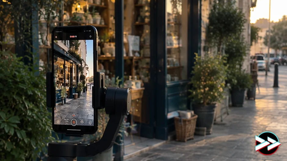 Smartphone sur stabilisateur filmant la vitrine d'un commerce pour une vidéo TikTok ou Reels