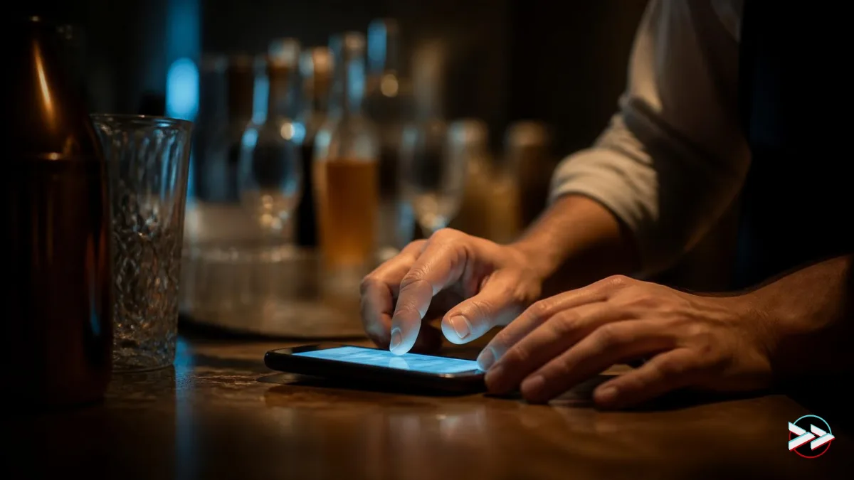 Restaurateur répondant à un avis Google sur son smartphone au comptoir du bar