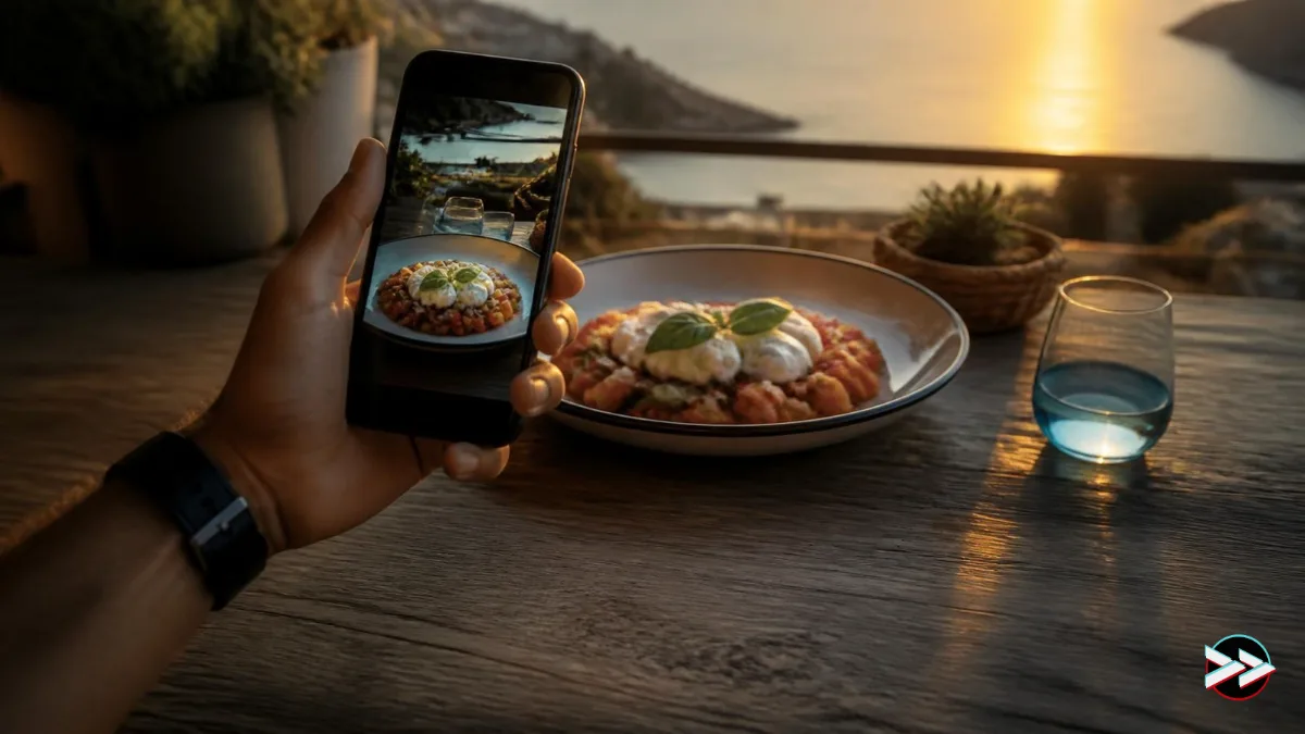 Smartphone filmant un plat méditerranéen en terrasse pour une vidéo Instagram de restaurant