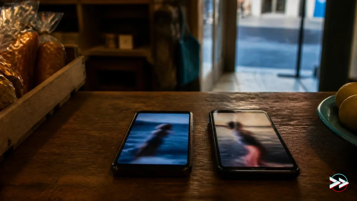 Deux smartphones affichant des vidéos verticales sur le comptoir d'un commerce local